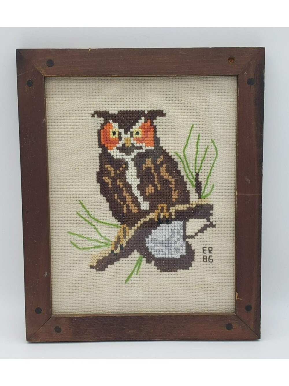 Framed Owl Cross Stitch, Brown Wood, 80s, Cabin Mancave Vintage, 9.5" x 11.5"